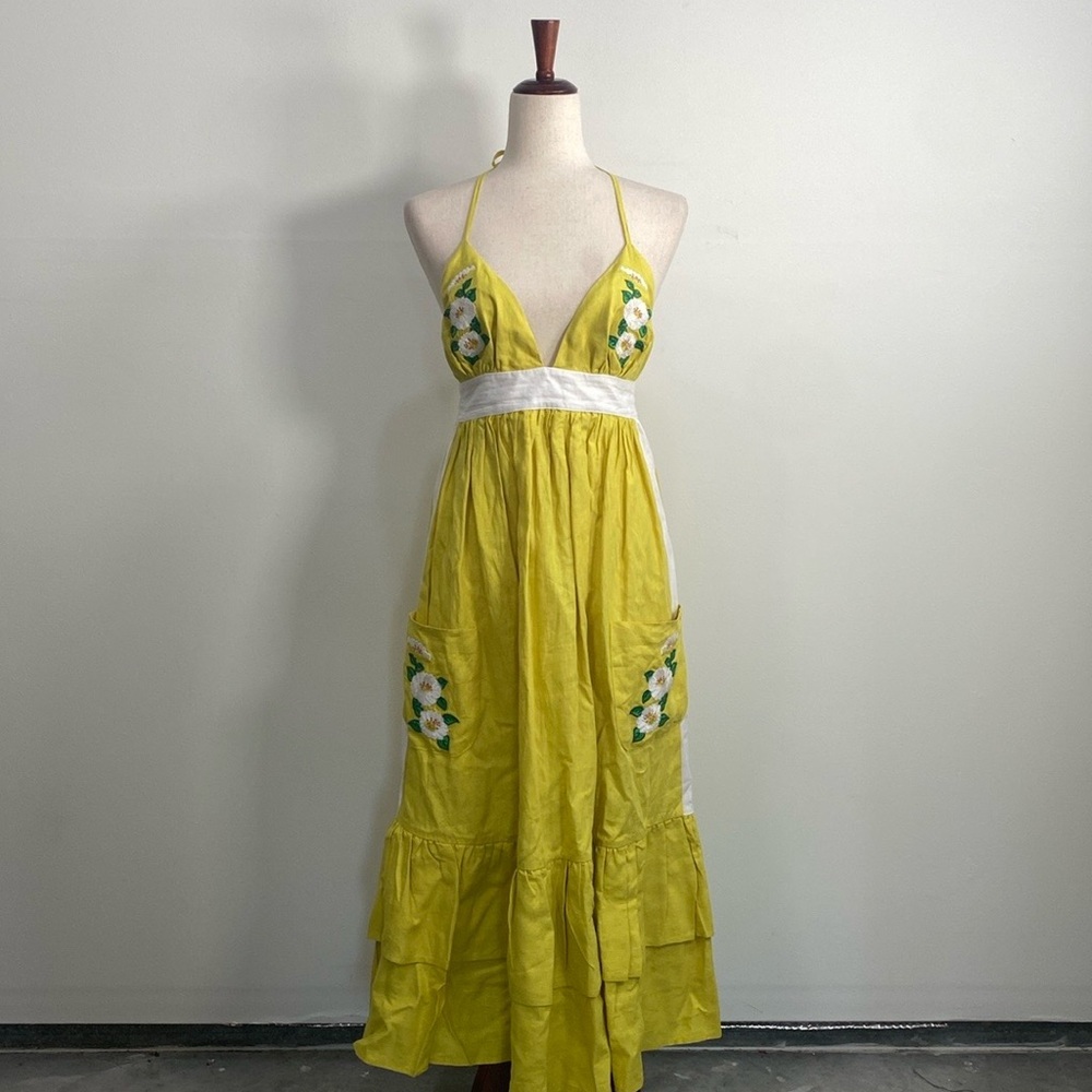 Fanm Mon Yellow Backless Halter Maxi Dress with White Waistband